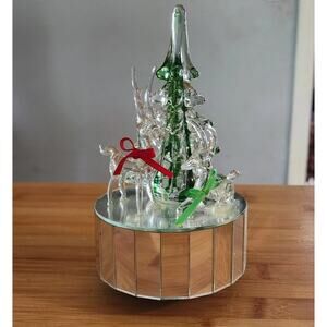 Vintage Glass Deer Trees Mirrored Musical Christmas Decoration